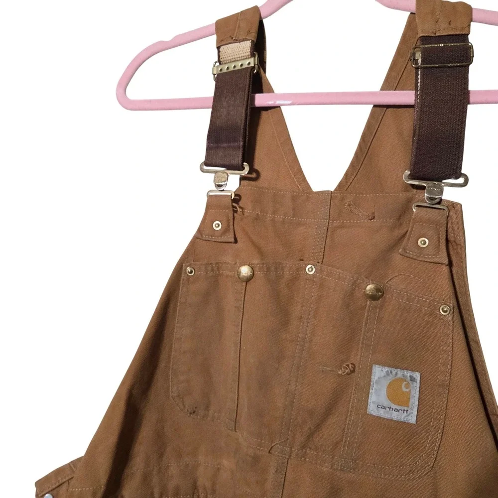 Carhartt Mens Brown Duck Canvas Double Knee Bib Overalls Grunge Distressed 38x30